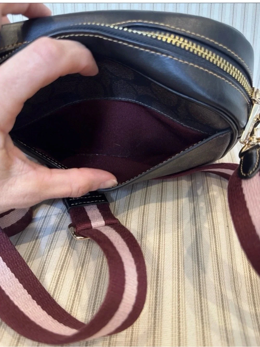 Coach Brown Leather Crossbody Camera Bag with Burgundy Stripe Strap NWOT